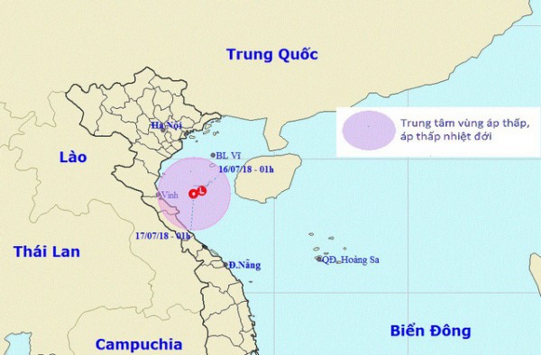 Vị trí và hướng di chuyển của vùng áp thấp. (Ảnh: NCHMF).