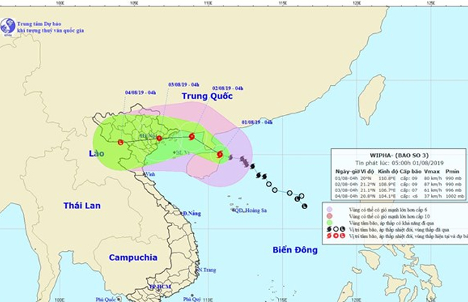 Tối 1/8, bão số 3 sẽ đi vào Vịnh Bắc Bộ và có khả năng mạnh thêm