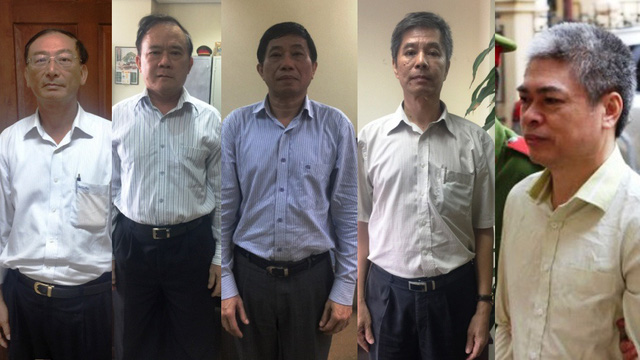 Các bị can bị khởi tố, từ trái sang: Nguyễn Xuân Thắng, Nguyễn Thanh Liêm, Ninh Văn Quỳnh, Vũ Khánh Trường và Nguyễn Xuân Sơn - Ảnh: CA