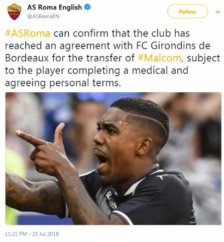 Thông báo trên trang chủ AS Roma về Malcom. Ảnh chụp màn hình.